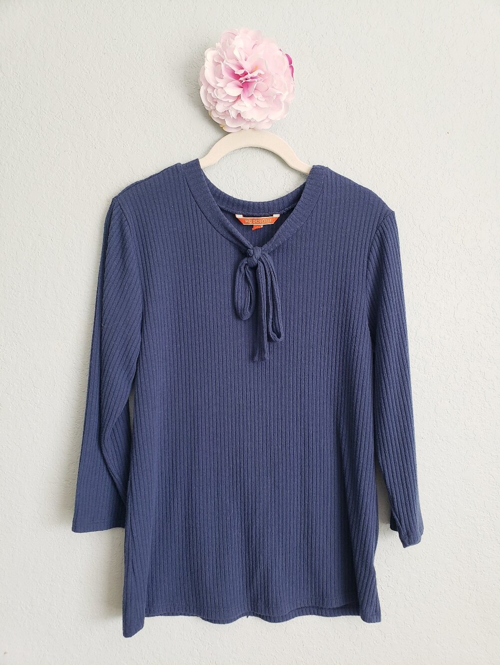 Modcloth Navy Blue Ribbed 3/4 Sleeve Ribbon Top